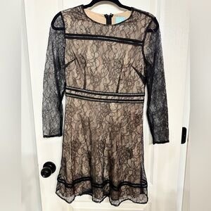 Cece Women’s Long Sleeve Black Lace with Nude Lining A-Line Mini Dress Size 4P